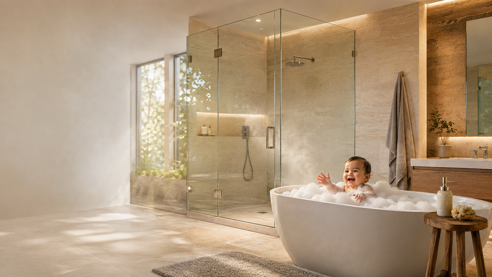 Baño de lujo con tina y división de baño en vidrio templado