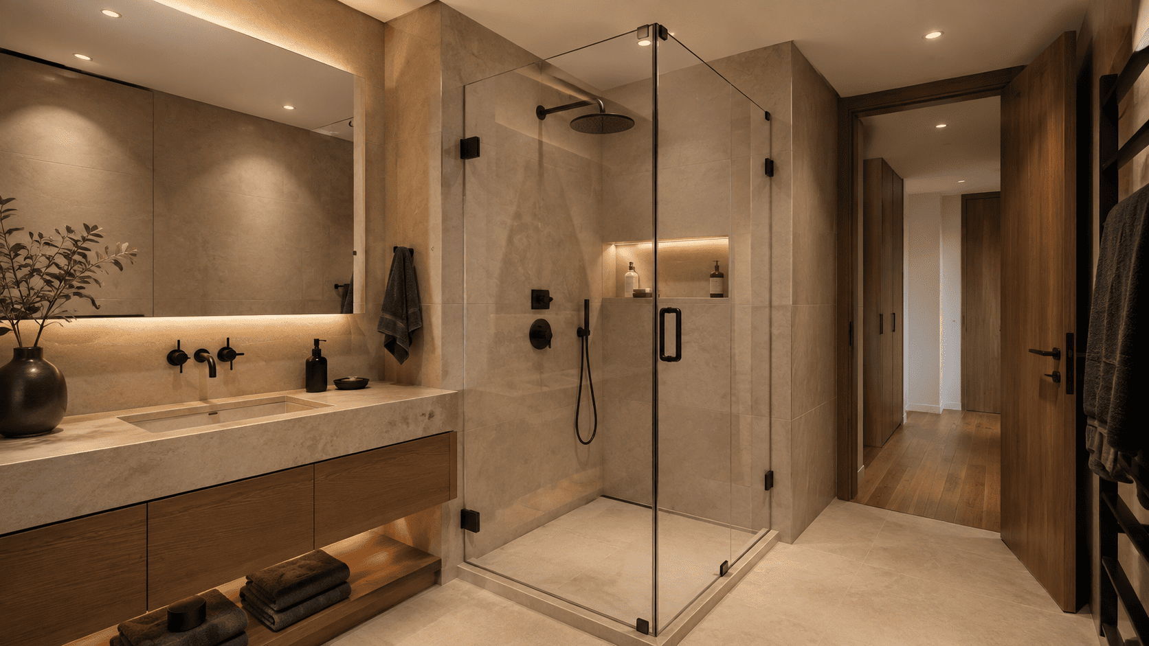 División de baño en escuadra con dos paneles de vidrio templado