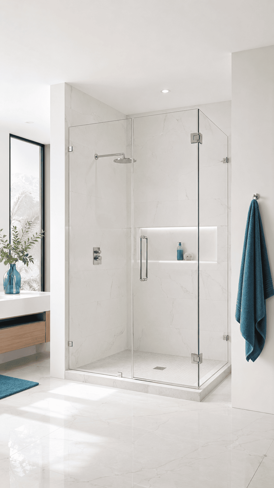 División de baño en vidrio templado con puerta batiente